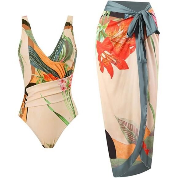 Women's Retro Floral One Piece Swimsuit with Wrap Skirt Cover Up Set